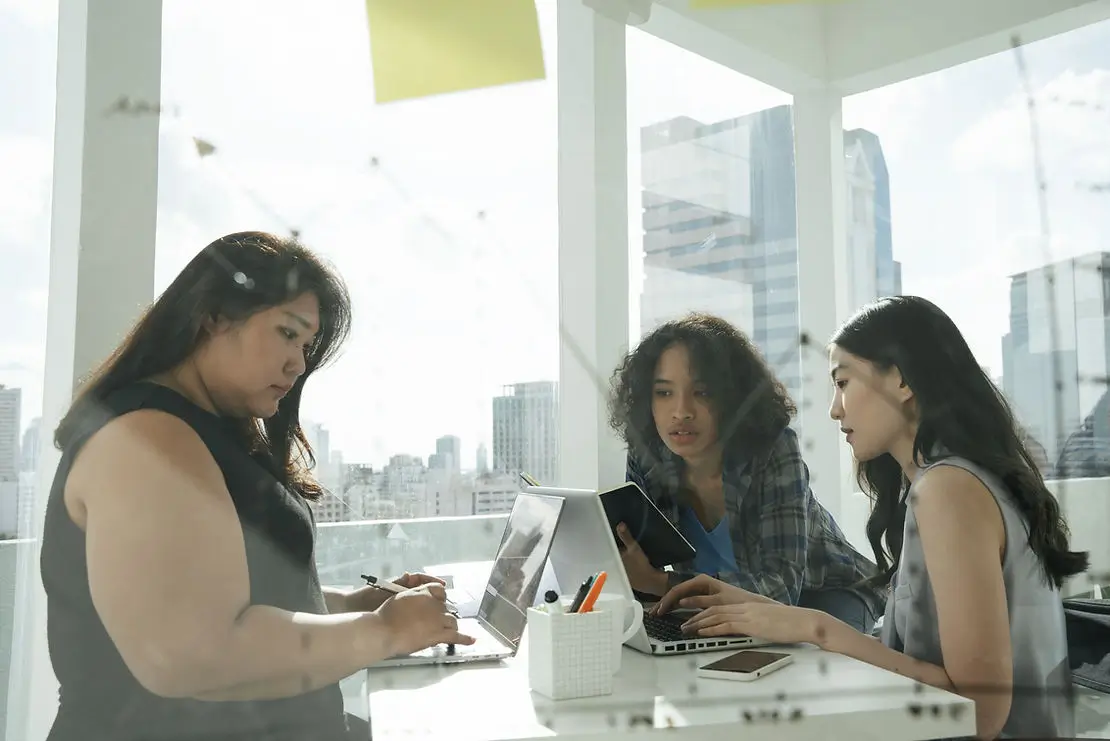 Coworkers in an office working on laptops